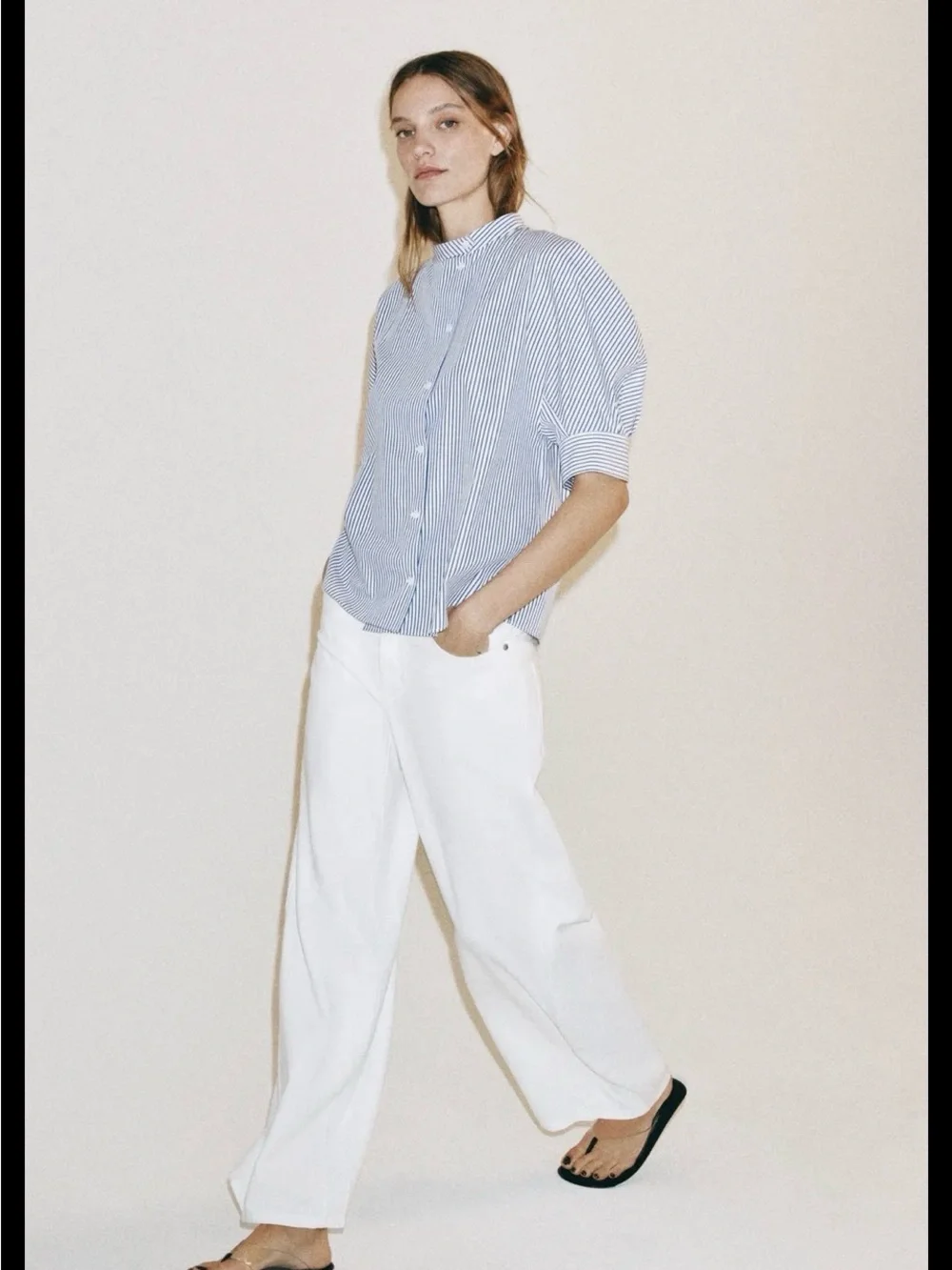 Zara White Shirt Navy Stripes, Puff Sleeves, Button-up Front Poplin M NWT